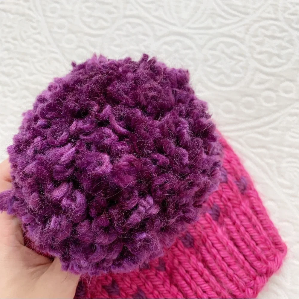 Nickichicki Girls’ Knit Pom‎ Pom Beanie, Pink / Purple Tiny Hearts (2-4 Years)